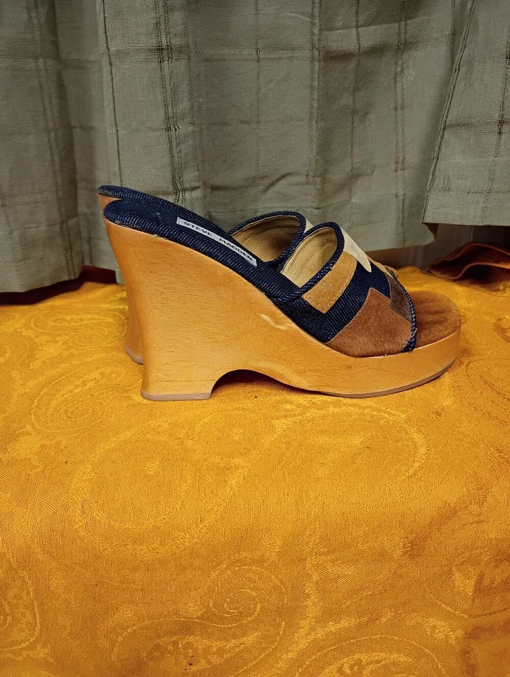 Vintage Steve Madden Patchwork Wooden Wedges Size 8 Y2K
